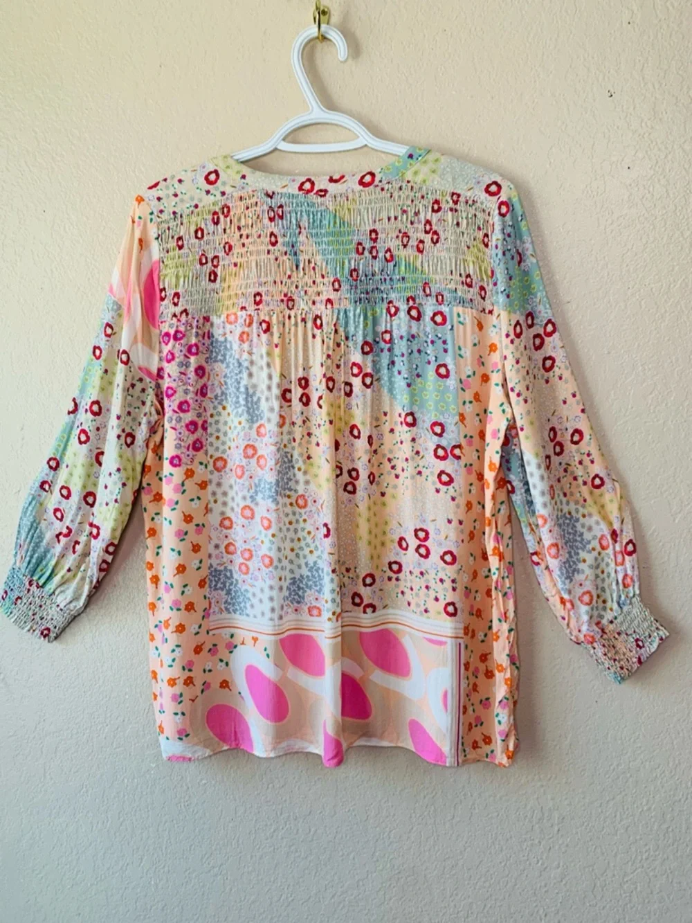 Rose & Olive Floral Mixed Media Smocked Cottagecore Boho Blouse Size L - Picture 3 of 8